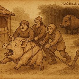 Illustration of Hog dragged by villagers from sty, with Boar watching from forest, from Angolan folktale.