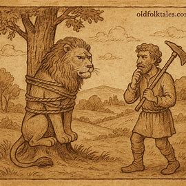 A Mossi folktale scene of a lion bound to a tree by man’s cunning in Burkina Faso.