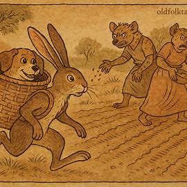 Hare carries Dog in a basket across Hyena’s field in this Mossi folktale from Burkina Faso.