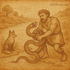 Man trapped by serpent, fox watching nearby, Angolan folktale scene in earthy parchment style.
