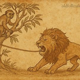 Guenon in tree watches lion choking on sinew, Tigrean folktale scene from Eritrea in parchment-style illustration.
