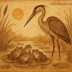 Illustration of frogs and heron in a Madagascan folktale about leadership, contentment, and wisdom.