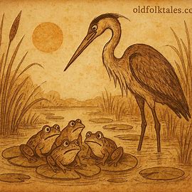 Illustration of frogs and heron in a Madagascan folktale about leadership, contentment, and wisdom.