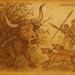 Wild ox trapped by horns in branches while hunters and dogs close in, Madagascan folktale scene.