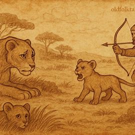 Sudanese folktale scene of lioness, strong cub fighting hunter, and weak cub hiding, parchment-style art.