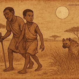 Parchment-style illustration of two Sudanese brothers followed by a lurking hyena under moonlight, OldFolktales.com logo.