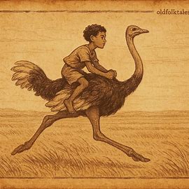 Illustration of a Sudanese boy riding an ostrich across vast plains, symbolizing freedom and wild nature.