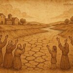 Illustration of villagers pleading to a vanished river, water returning in distance, Sudanese folktale of respect for nature.