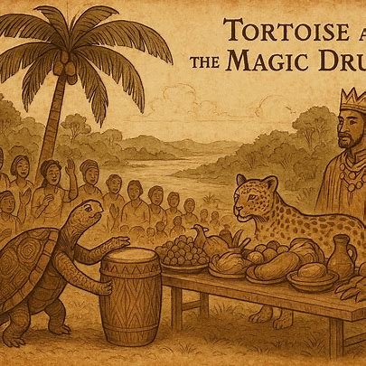• Tortoise plays the magic drum in Equatorial Guinea folktale as Leopard, King Maseni, and villagers watch in wonder.