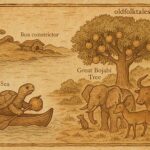 Tortoise paddles with Bojabi fruit as animals await by the great tree in Equatorial Guinea folktale.