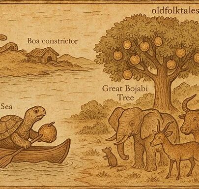 Tortoise paddles with Bojabi fruit as animals await by the great tree in Equatorial Guinea folktale.