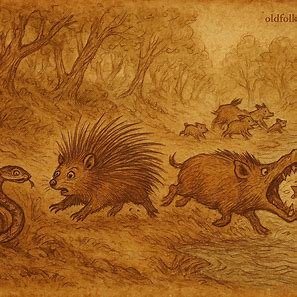 Animals panic from Fly’s boast, ending with Crocodile’s greedy death, Equatorial Guinea folktale illustration, earthy parchment style.