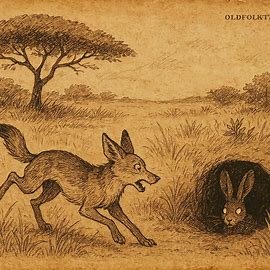 Hare’s glowing eyes frighten Jackal in the Angolan bush, traditional African folktale scene of wit and fear.