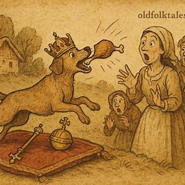Dog grabs chicken during coronation, losing his crown, villagers shocked. Traditional Angolan folktale scene.