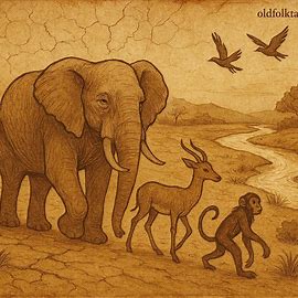 Elephant guiding animals to water during drought, Burundian folktale scene of wisdom, strength, and unity.