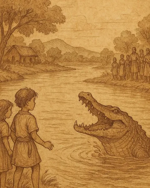 Children by a river face a watchful crocodile as villagers observe in this Equatorial Guinean folktale.