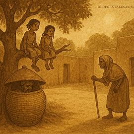 Father hiding in basket, daughters in tree, old woman approaching, Mossi village folklore illustration.