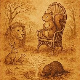 Squirrel loses throne to Lion after Mole discovers water in Angolan folktale teaching wisdom and self-control.