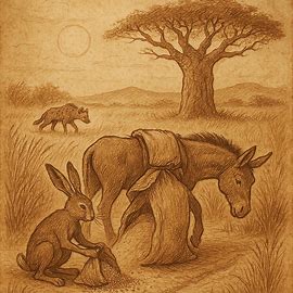 Hare tricks Hyena by stealing millet during famine, Mossi folktale from Burkina Faso.