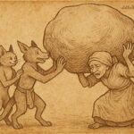 Merina folktale scene showing two tricksters deceiving an old woman into holding a stone, Madagascar origin.