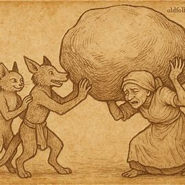 Merina folktale scene showing two tricksters deceiving an old woman into holding a stone, Madagascar origin.