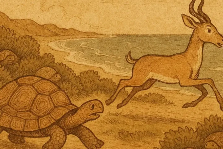 Tortoise tricks Antelope in a race, Gabonese folktale scene with hidden tortoises along the coastal path.