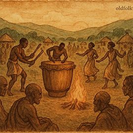 Sacred Drum at the heart of a Burundian village ceremony, with dancers, elders, and drummers in harmony.