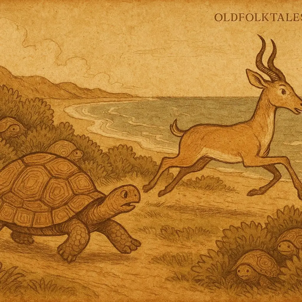 Tortoise Outsmarts Antelope – Gabonese Folktale | OldFolktales.com | FolktalesAfrica.com Tortoise tricks Antelope in a race, Gabonese folktale scene with hidden tortoises along the coastal path.