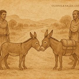 Two Eritrean men watch donkeys greet on a road, Tigrean folktale symbolizing freedom and longing.