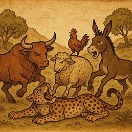 Ox, sheep, chicken, and donkey unite to defeat a leopard in this Tigrean Eritrean folktale.
