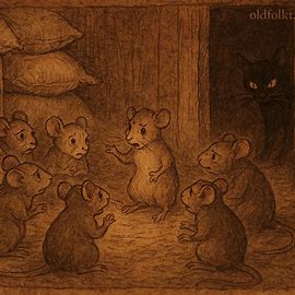 Illustration of Eritrean folktale with mice holding council against cat, parchment style, Tigrean cultural storytelling scene.