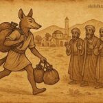 Beiho carrying ashes past merchants in a Tigrean village, depicting ingenuity and cleverness, Eritrean folktale.