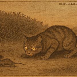 Cat tricking rat at hedge during twilight, Merina folktale from Madagascar, illustrated in old storybook style.
