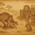 Hyena seizing prey, Hare before animals, Sudanese folktale scene, parchment-style with earthy tones.
