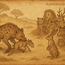 Hyena seizing prey, Hare before animals, Sudanese folktale scene, parchment-style with earthy tones.