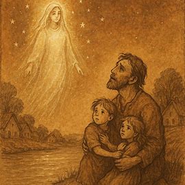 Parchment-style illustration of Sudanese folktale, man weeping as star-wife ascends, children watching, OldFolktales.com logo.