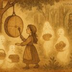 Young girl strikes a magical spirit drum in Sudanese folktale, spirits appear with gifts, sister watches jealously