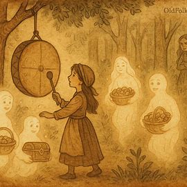Young girl strikes a magical spirit drum in Sudanese folktale, spirits appear with gifts, sister watches jealously