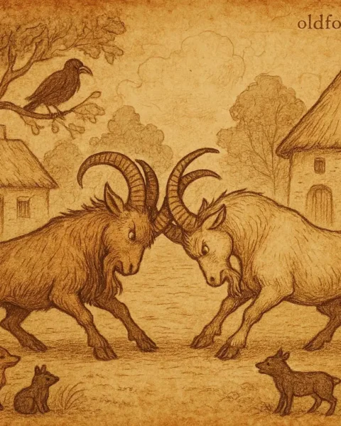 A proud goat challenges rivals in a village contest, traditional Equatorial Guinean folktale of pride and humility.