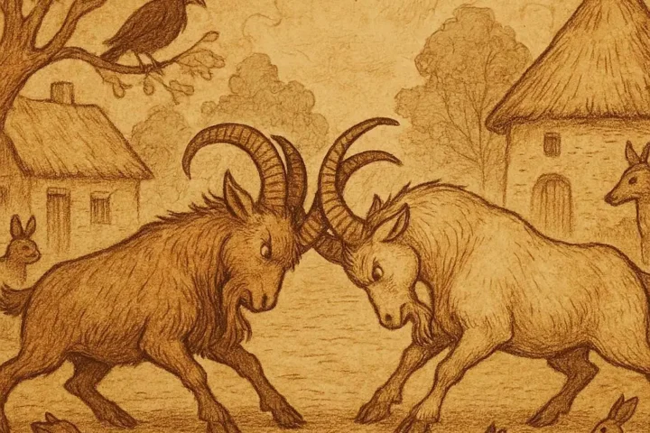 A proud goat challenges rivals in a village contest, traditional Equatorial Guinean folktale of pride and humility.