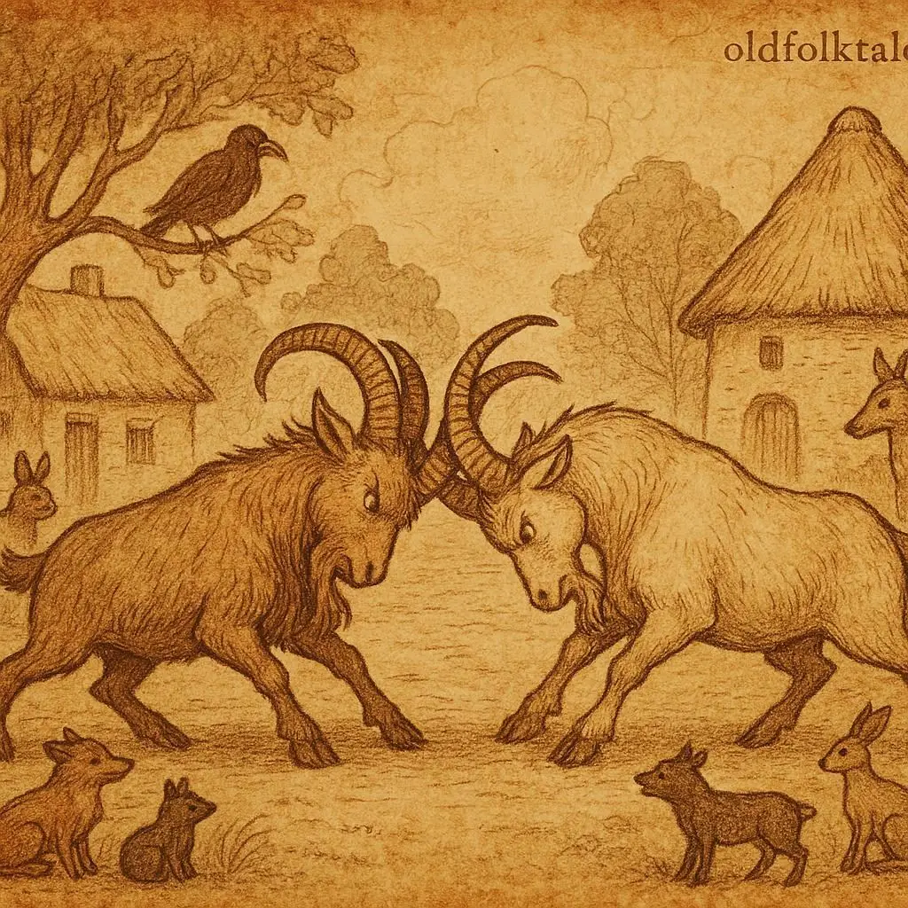A proud goat challenges rivals in a village contest, traditional Equatorial Guinean folktale of pride and humility.