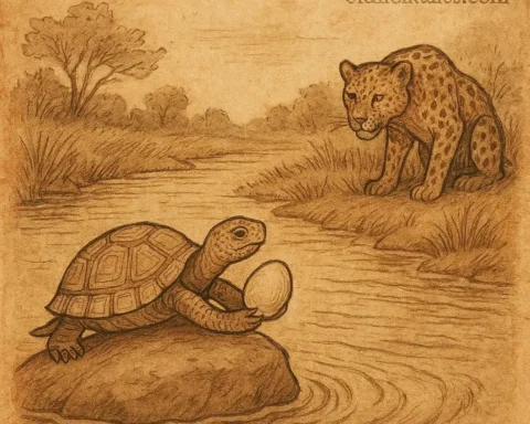 Equatorial Guinean folktale of Tortoise tricking Leopard by the river with an egg-like object.