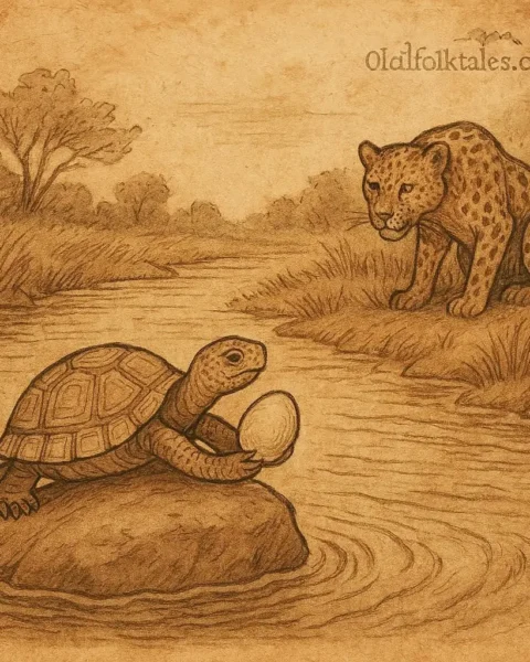 Equatorial Guinean folktale of Tortoise tricking Leopard by the river with an egg-like object.