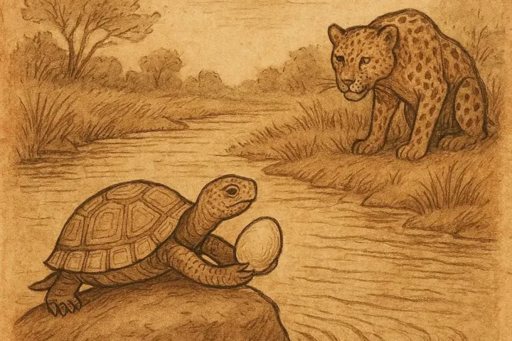 Equatorial Guinean folktale of Tortoise tricking Leopard by the river with an egg-like object.