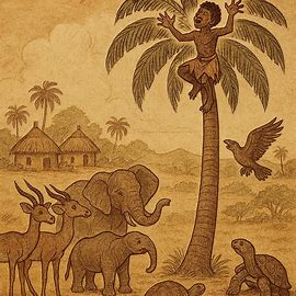 Utigebode trapped atop a magical coconut tree, animals below watching helplessly, Equatorial Guinean folktale scene.