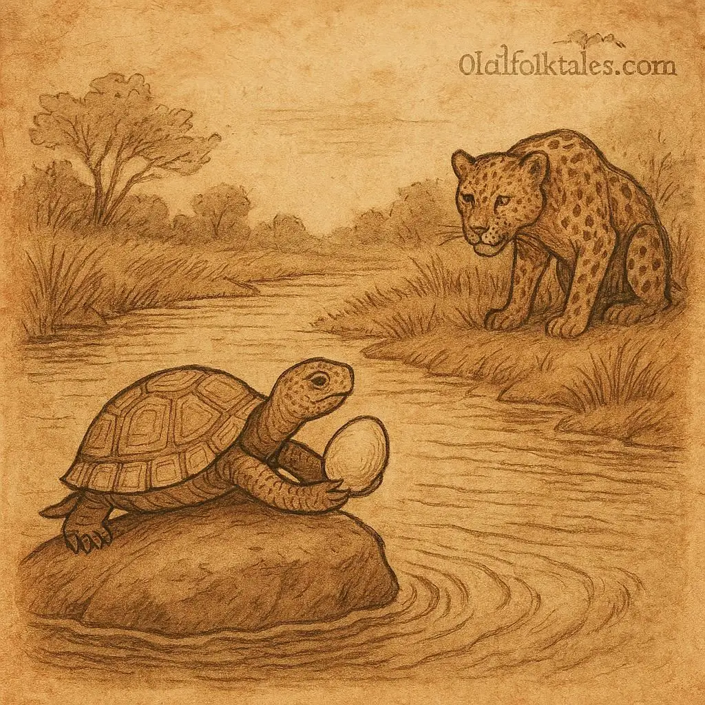 Equatorial Guinean folktale of Tortoise tricking Leopard by the river with an egg-like object.