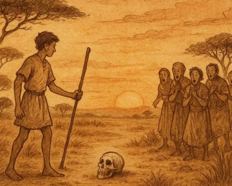Young man striking skull with staff as villagers watch, Angolan Kimbundu folktale scene in parchment-style illustration.