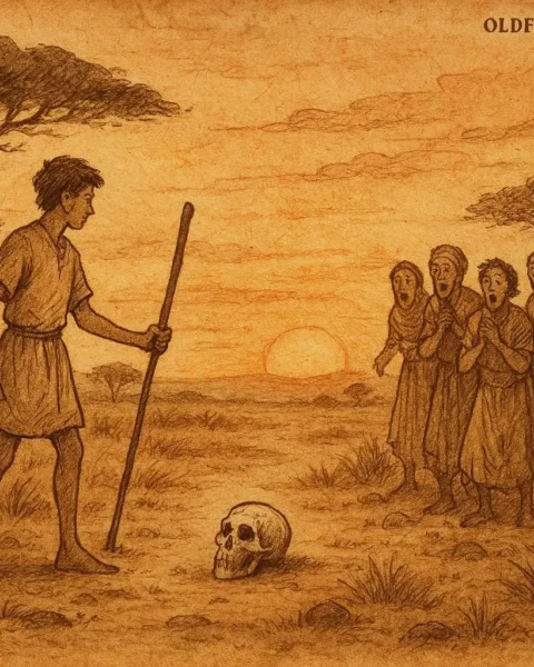 Young man striking skull with staff as villagers watch, Angolan Kimbundu folktale scene in parchment-style illustration.