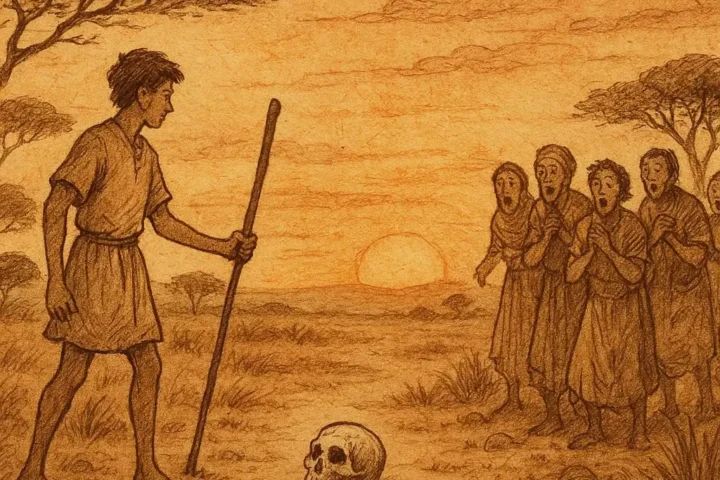 Young man striking skull with staff as villagers watch, Angolan Kimbundu folktale scene in parchment-style illustration.