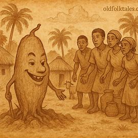 Illustration of a talking yam surrounded by astonished villagers in an Angolan village setting.